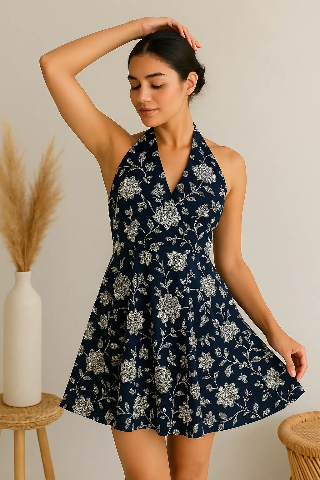 Navy Blue Halter Mini Dress