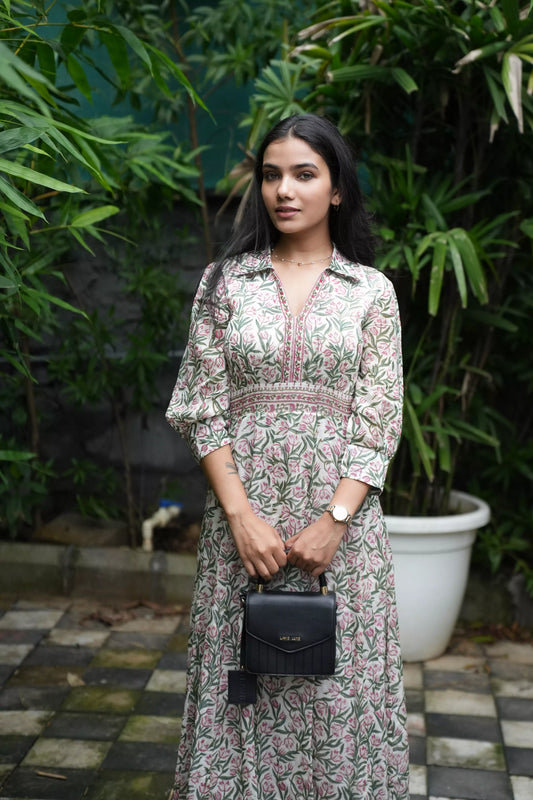 Tulip Hand-Block Chanderi Long Dress