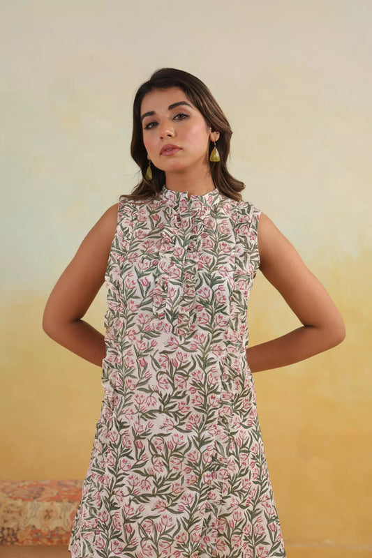 Tulip Hand-Block Chanderi Dress