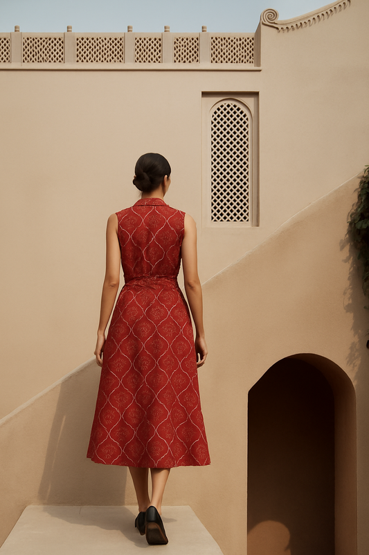Woman in a red dress standing in front of a beige wall with architectural details