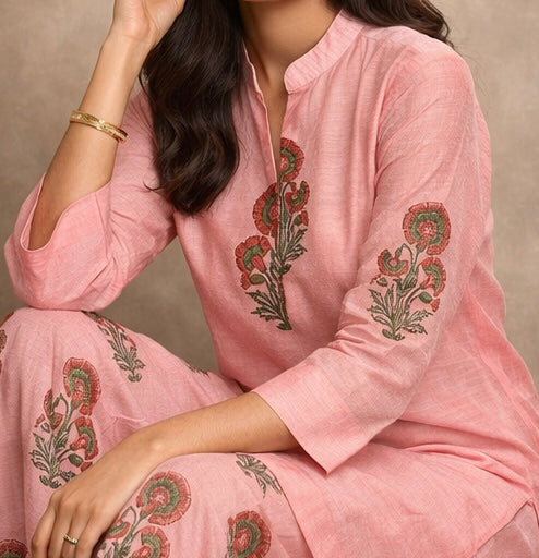 Woman wearing a pink traditional outfit with floral embroidery against a beige background