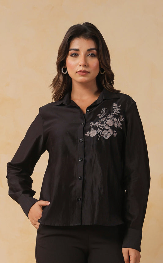 Black Floral Embroidered Shirt