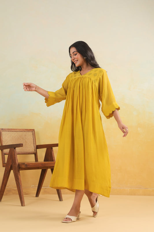 Yellow Embroidered Chanderi Dress