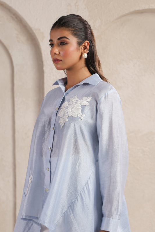 Blue High-Low Chanderi Shirt