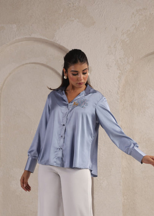 Steel Blue Embroidered Satin Shirt