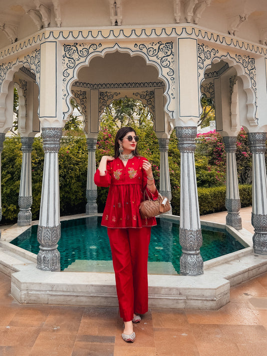 Red Flora Chanderi Coord