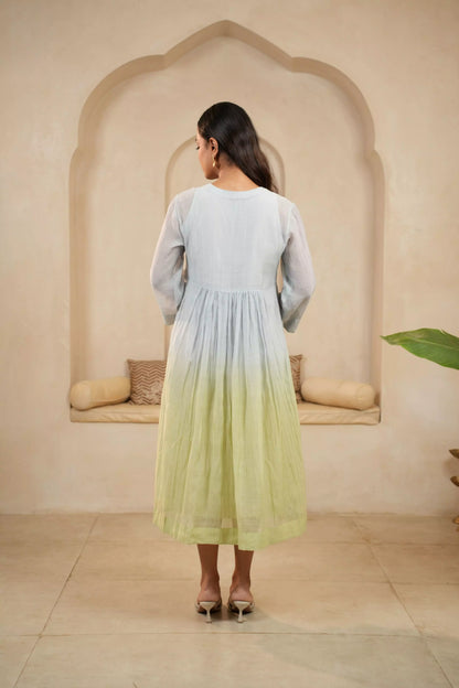 Blue-Green Ombre Chanderi Dress