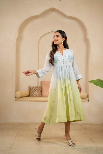 Blue-Green Ombre Chanderi Dress