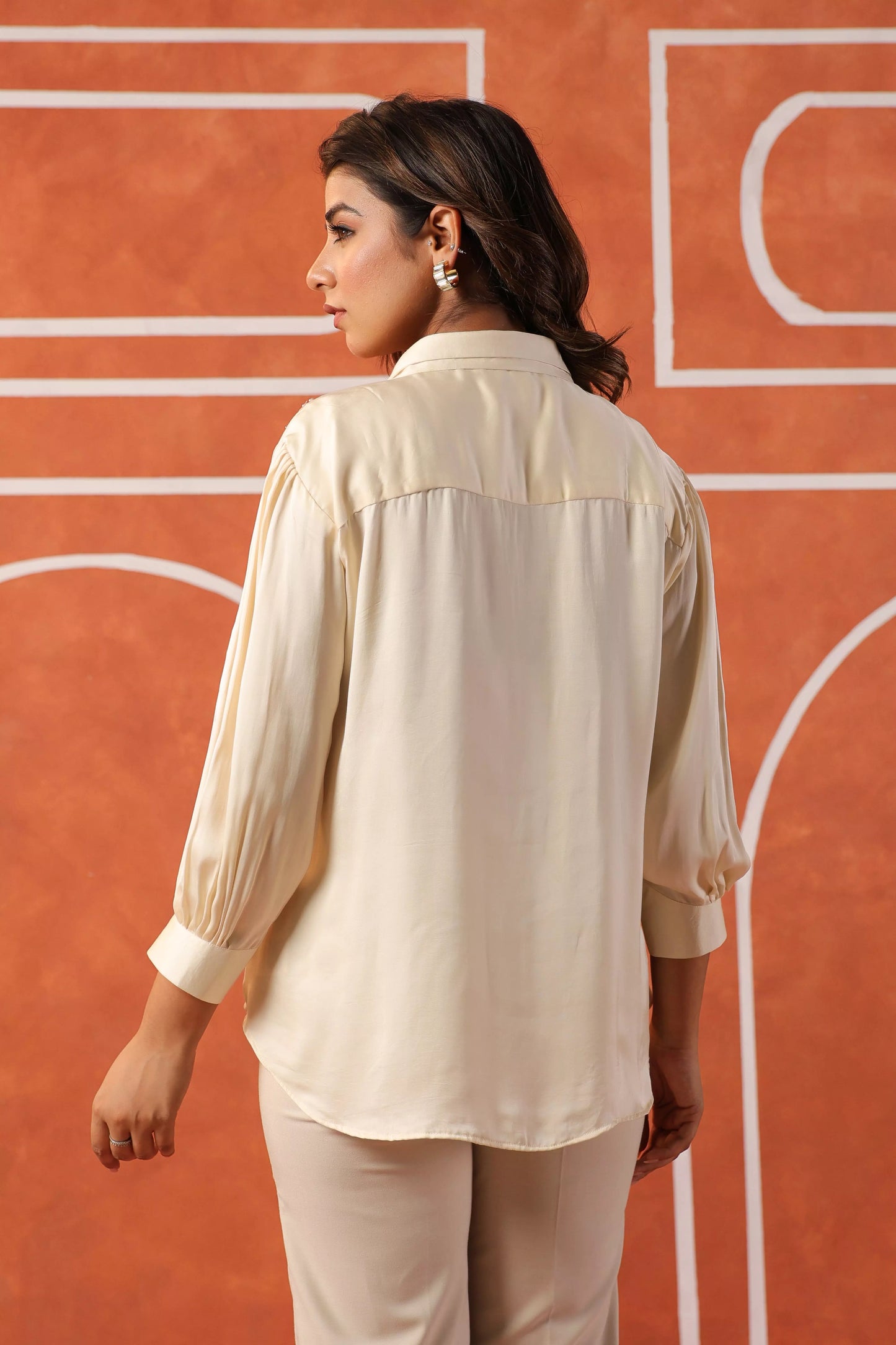 Cream Hand-embroidered Satin Shirt