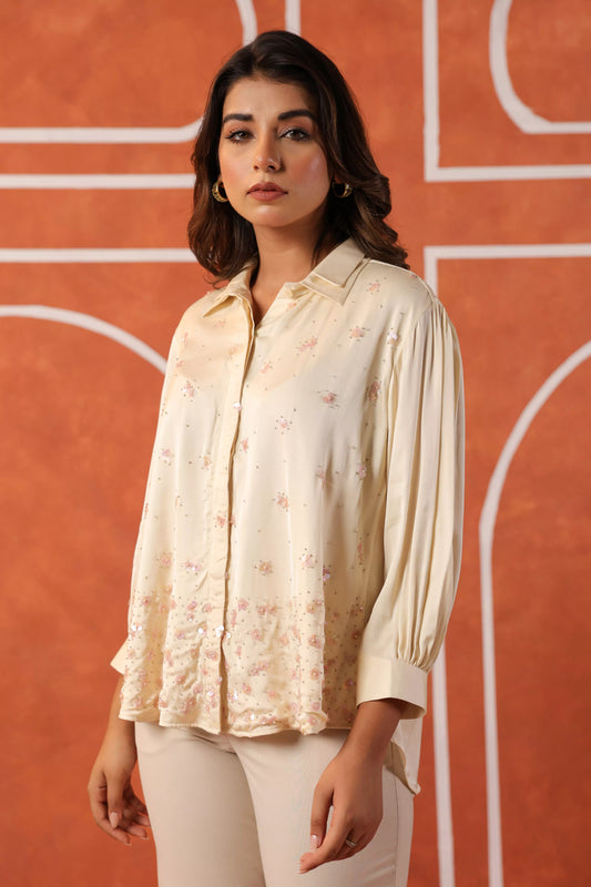 Cream Hand-embroidered Satin Shirt