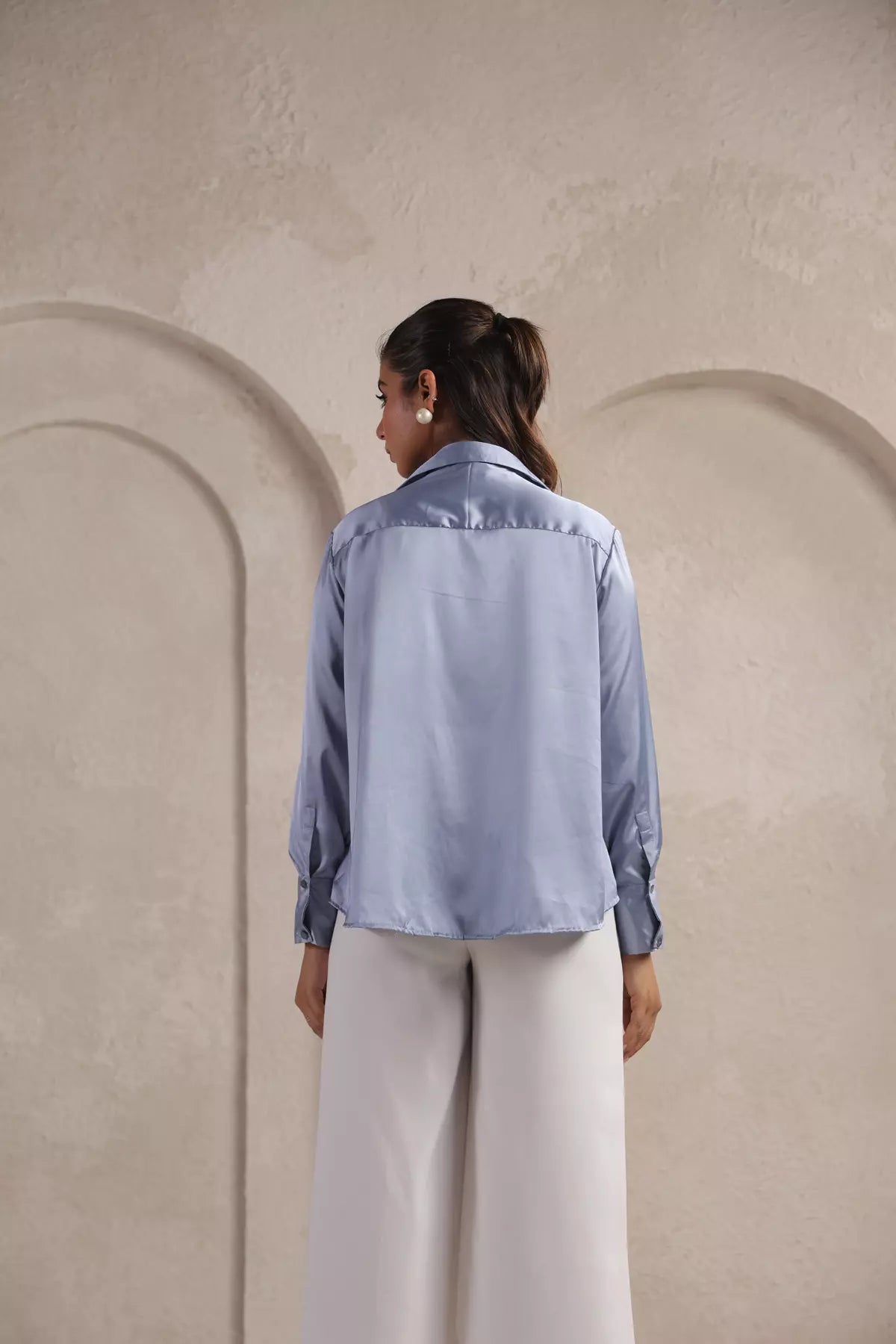 Steel Blue Embroidered Satin Shirt