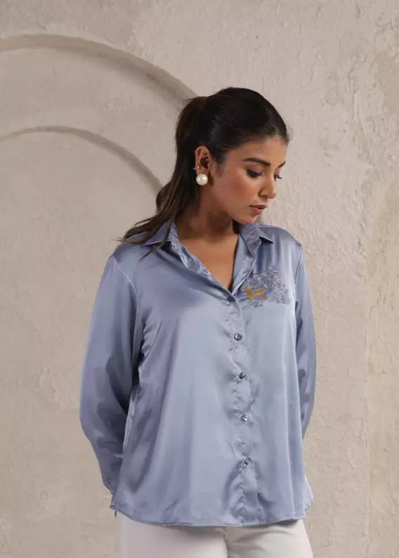 Steel Blue Embroidered Satin Shirt