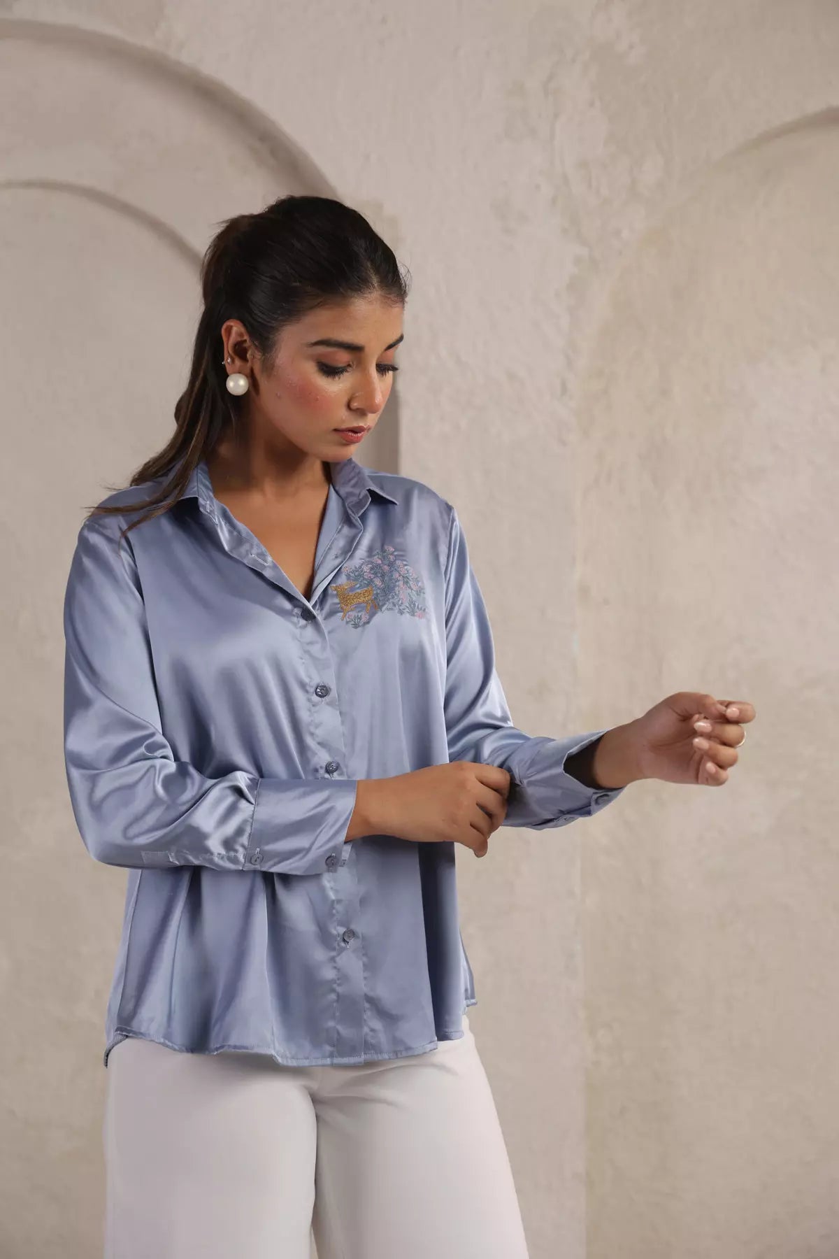 Steel Blue Embroidered Satin Shirt