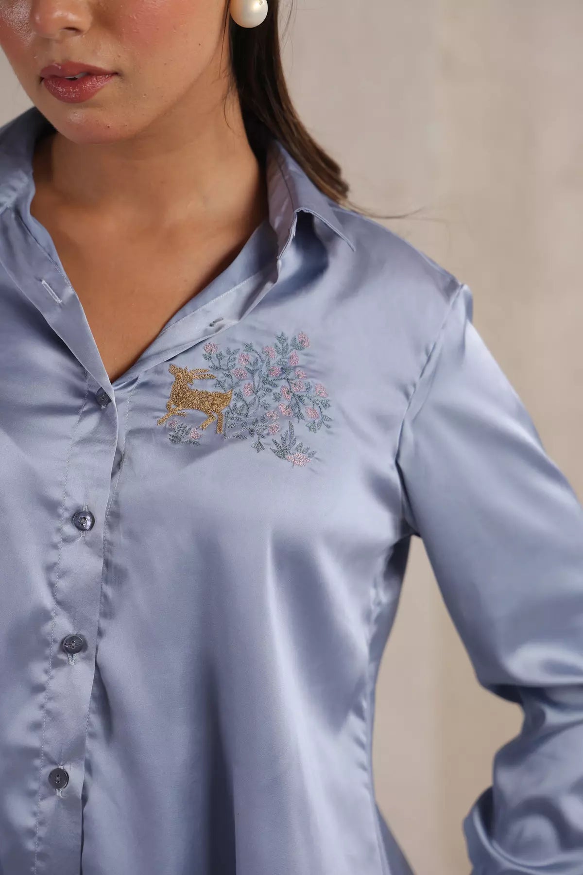 Steel Blue Embroidered Satin Shirt