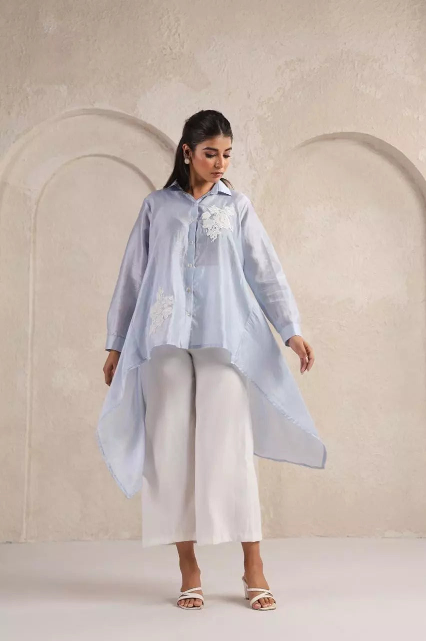 Blue High-Low Chanderi Shirt