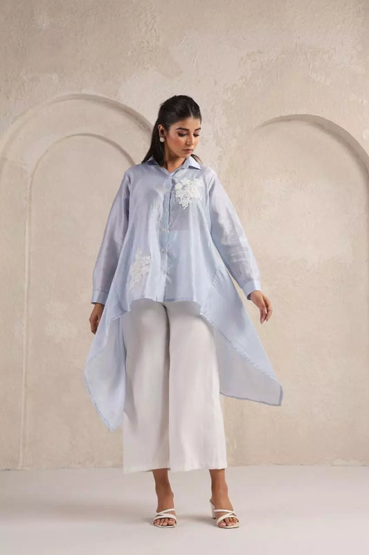 Blue High-Low Chanderi Shirt