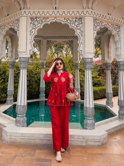 Red Flora Chanderi Coord