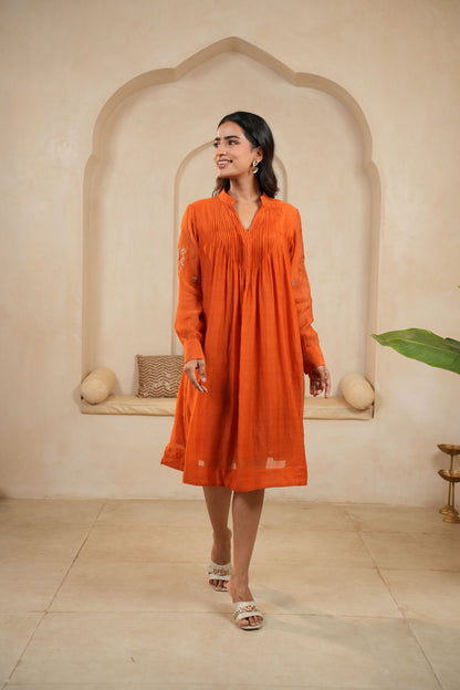 Rust Embroidered Chanderi Dress