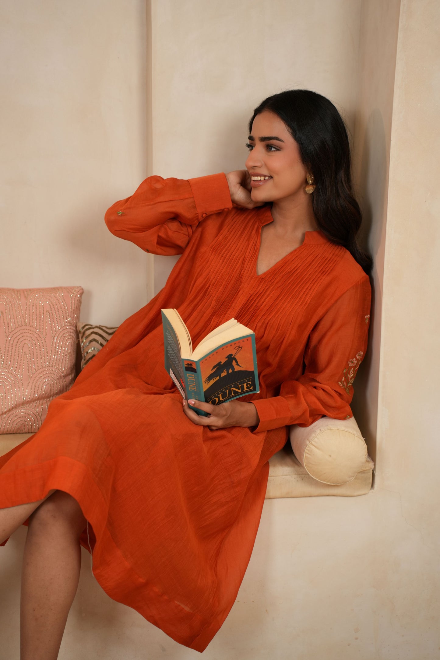 Rust Embroidered Chanderi Dress