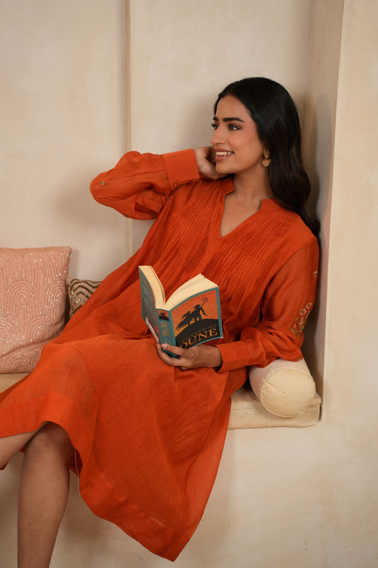 Rust Embroidered Chanderi Dress