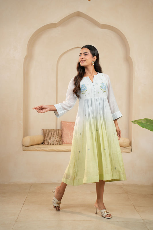 Blue-Green Ombre Chanderi Dress