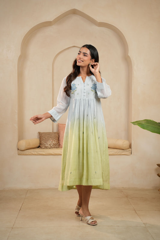 Blue-Green Ombre Chanderi Dress