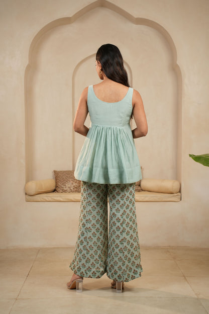 Mint Sleeveless Hand-Block Printed Coord