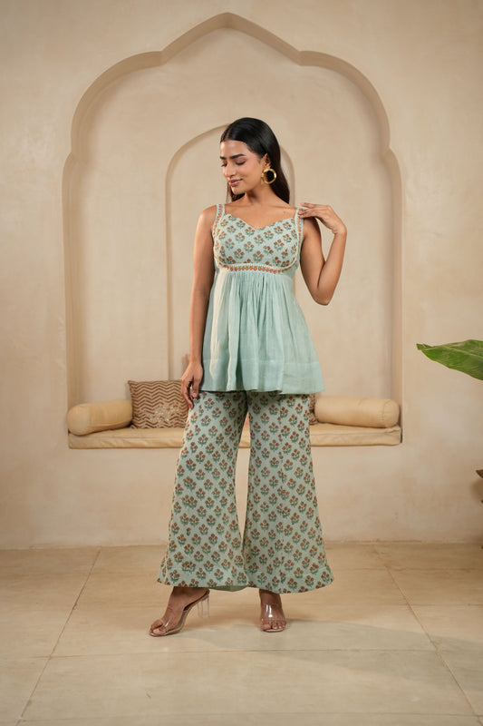 Mint Sleeveless Hand-Block Printed Coord