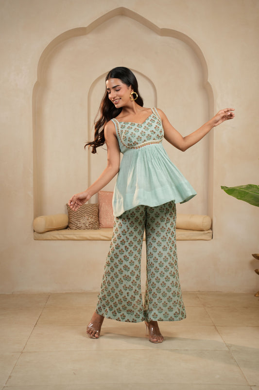 Mint Sleeveless Hand-Block Printed Coord