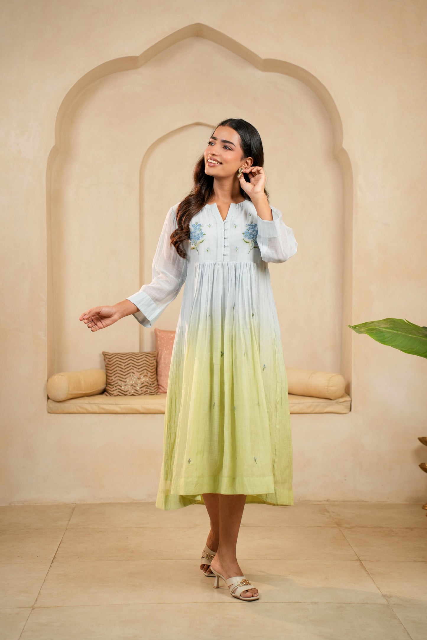 Blue-Green Ombre Chanderi Dress