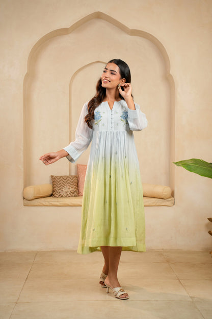 Blue-Green Ombre Chanderi Dress