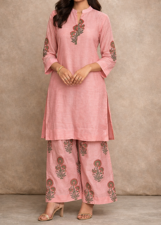 Woman wearing a pink traditional outfit with floral patterns on a beige background