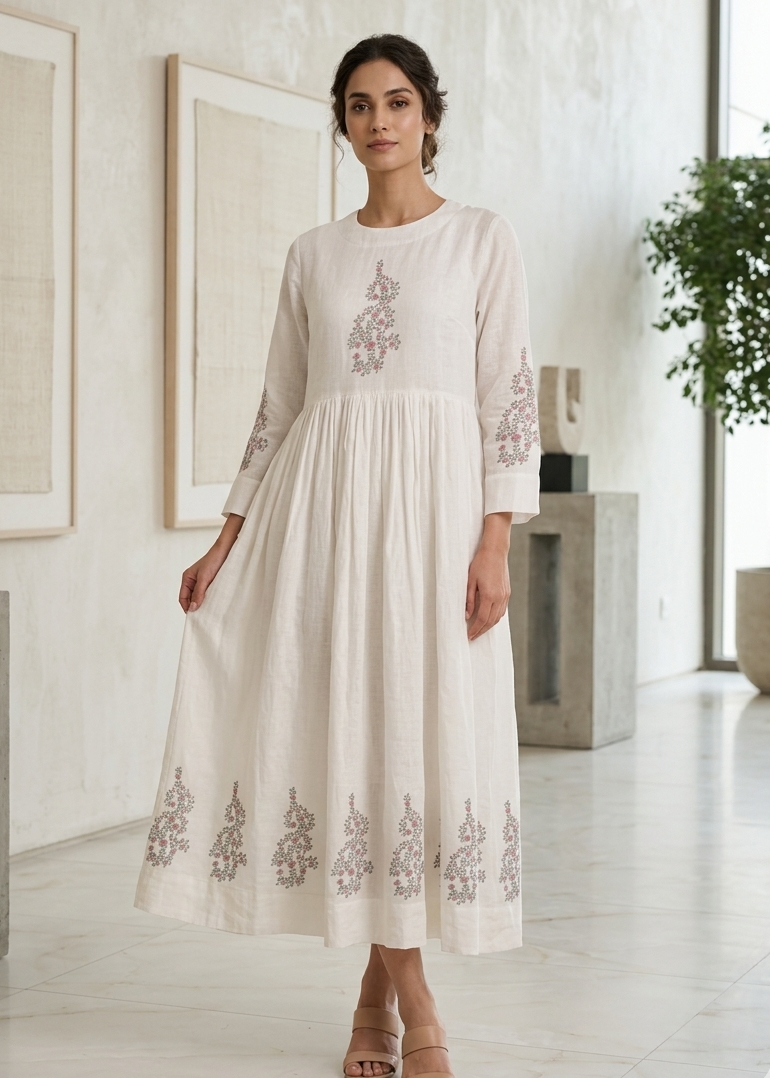 Ivory Hand Block Printed Dress