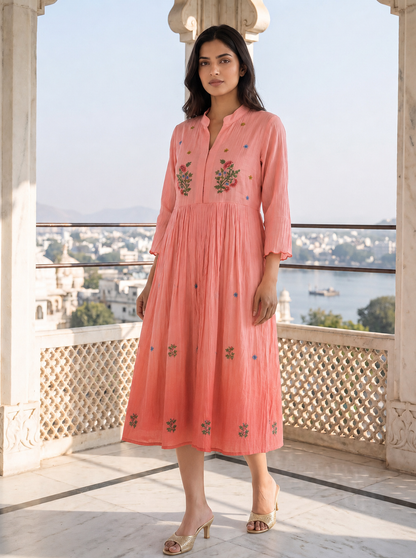 Coral Petal Chanderi Dress