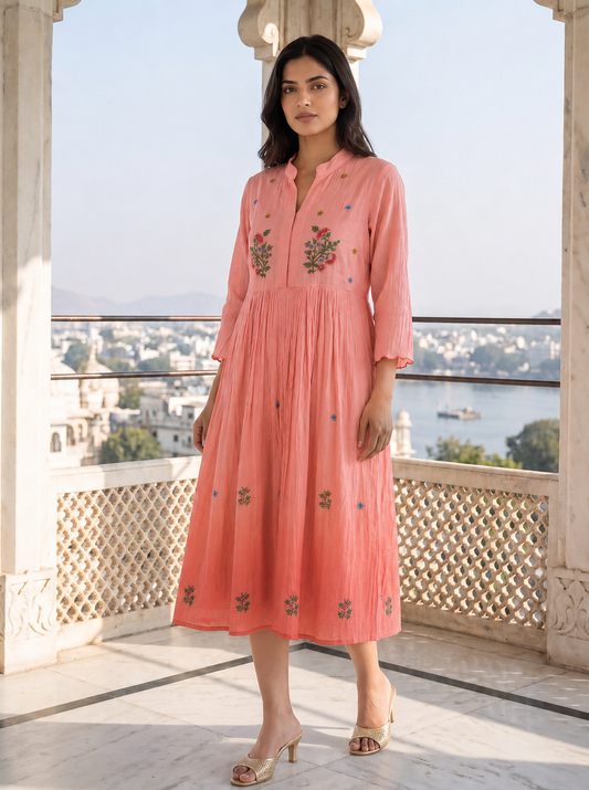 Coral Petal Chanderi Dress