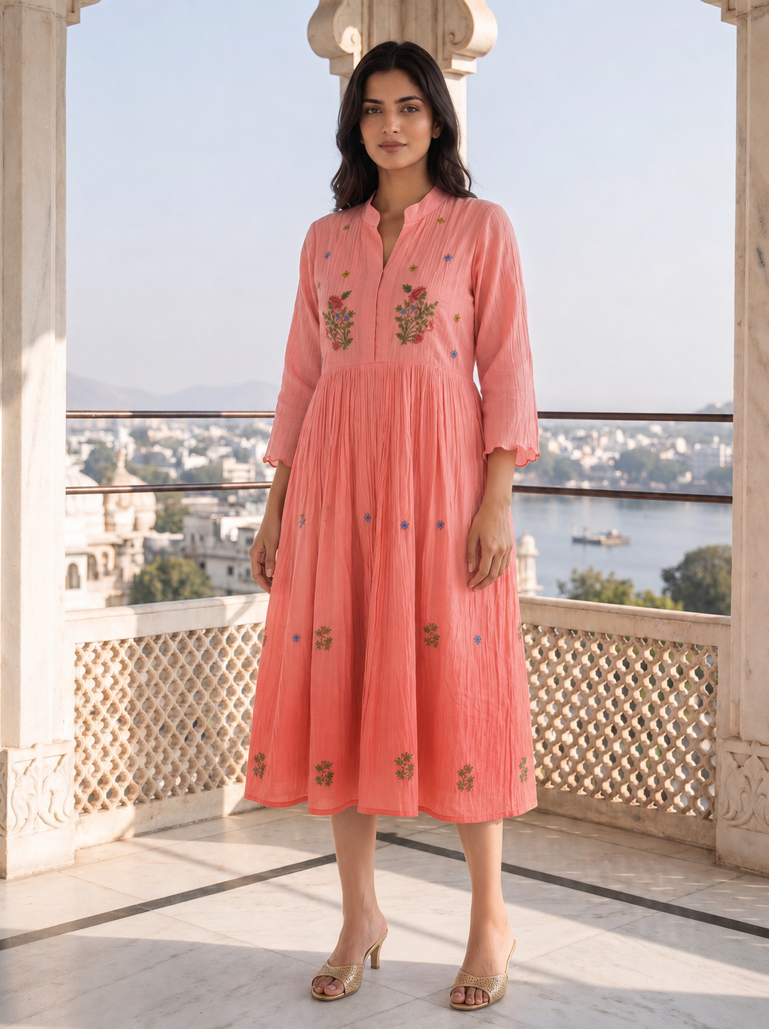 Coral Petal Chanderi Dress