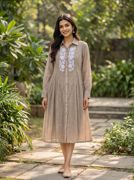 Taupe Midi Chanderi Dress