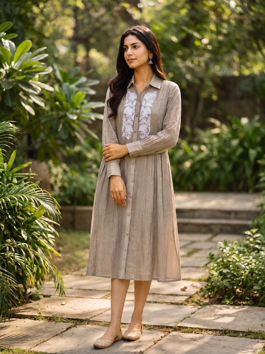 Taupe Midi Chanderi Dress