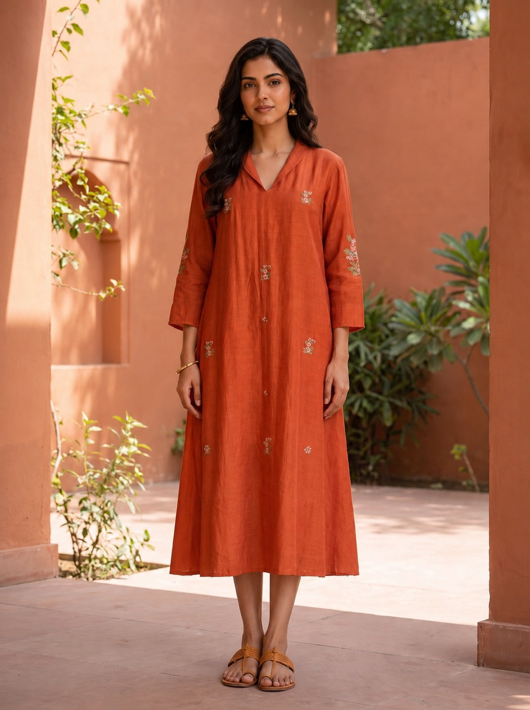 Rust A-Line Chanderi Dress
