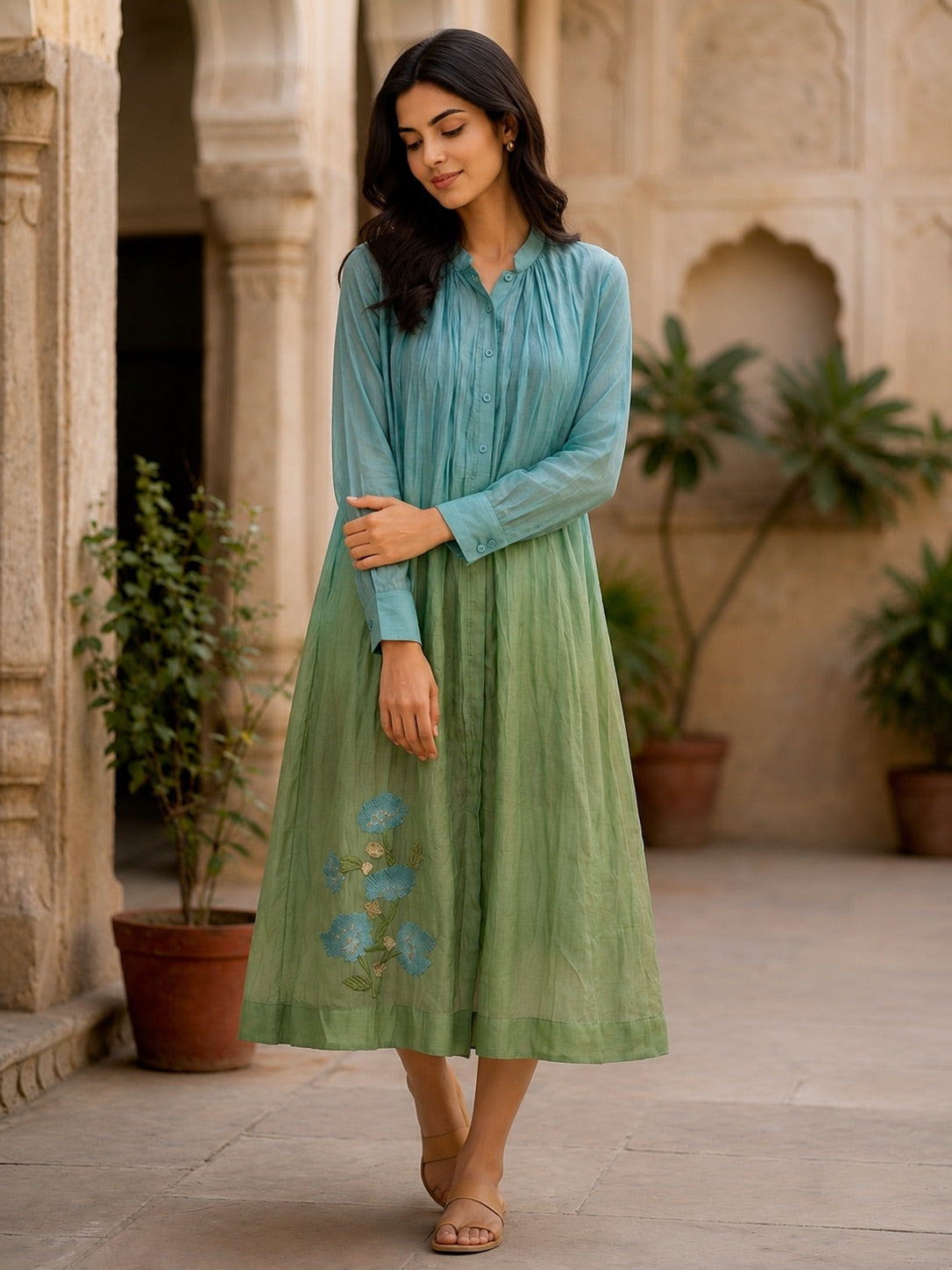 Sea Grass Chanderi Dress