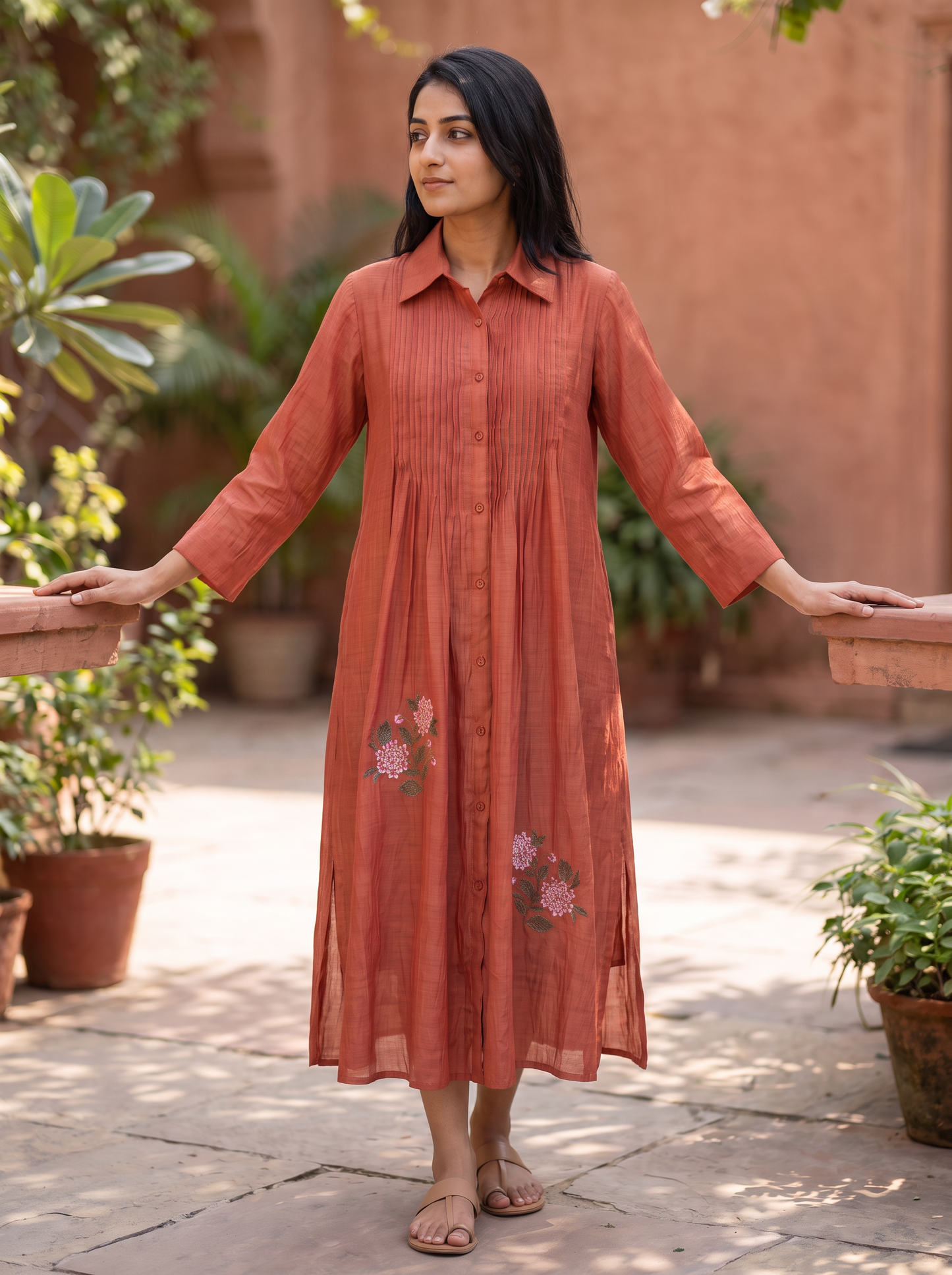 Rust Long Pintuck Dress