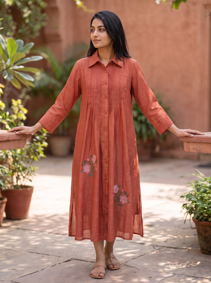 Rust Long Pintuck Dress