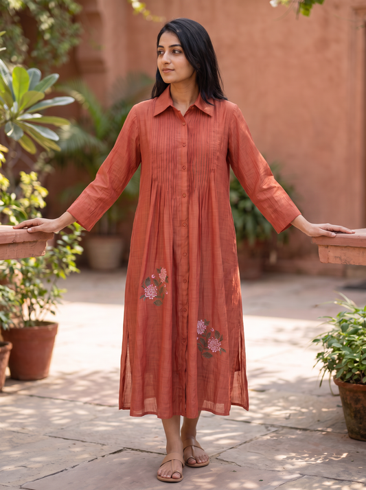 Rust Long Pintuck Dress