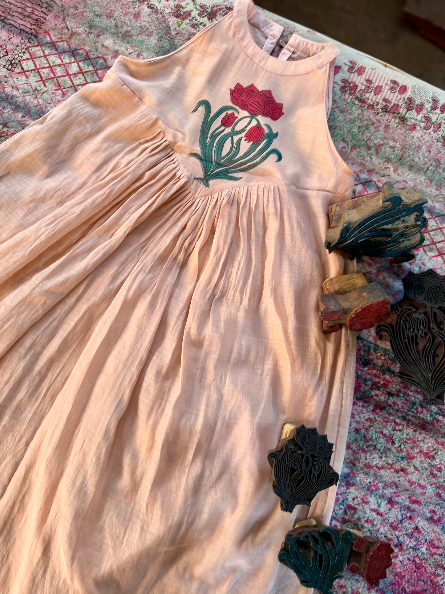 Peach Hand Block-Printed Chanderi Dress