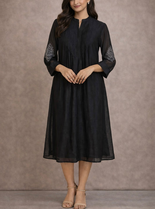 Midnight Pintuck Chanderi Dress