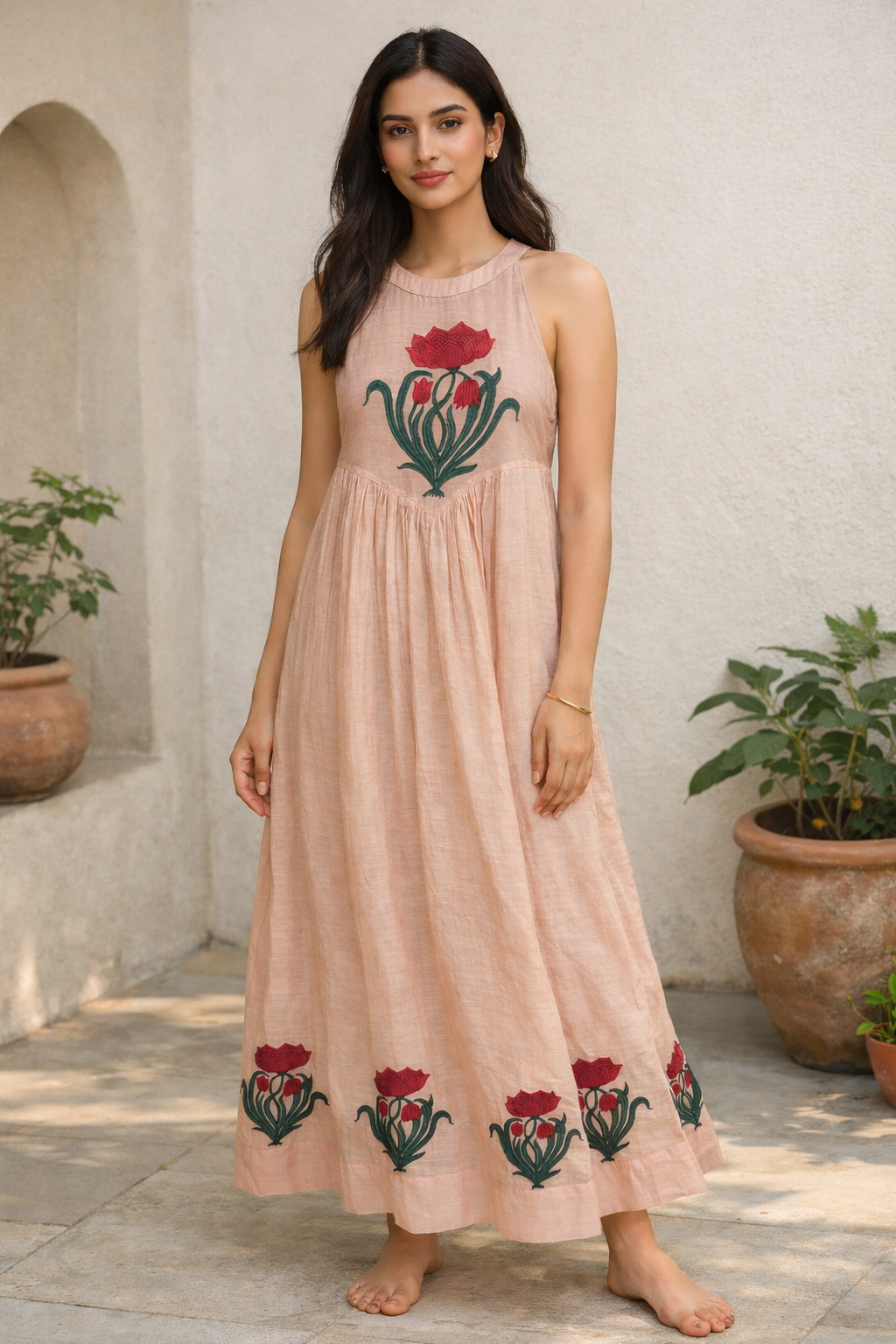 Peach Hand Block-Printed Chanderi Dress