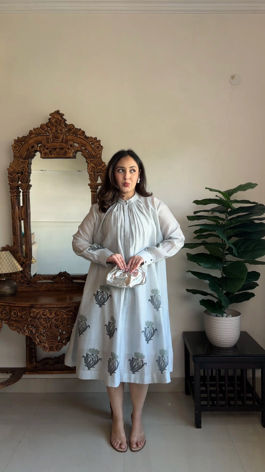 Sky Blue Hand Block-Printed Shirt Dress