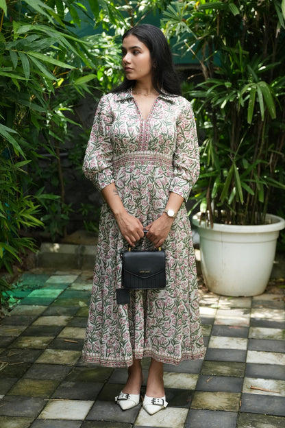 Tulip Hand-Block Chanderi Long Dress