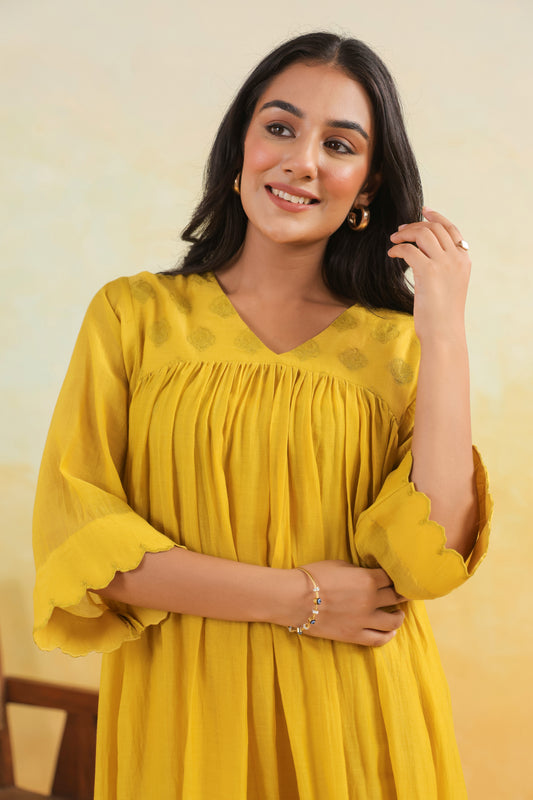 Yellow Embroidered Chanderi Dress