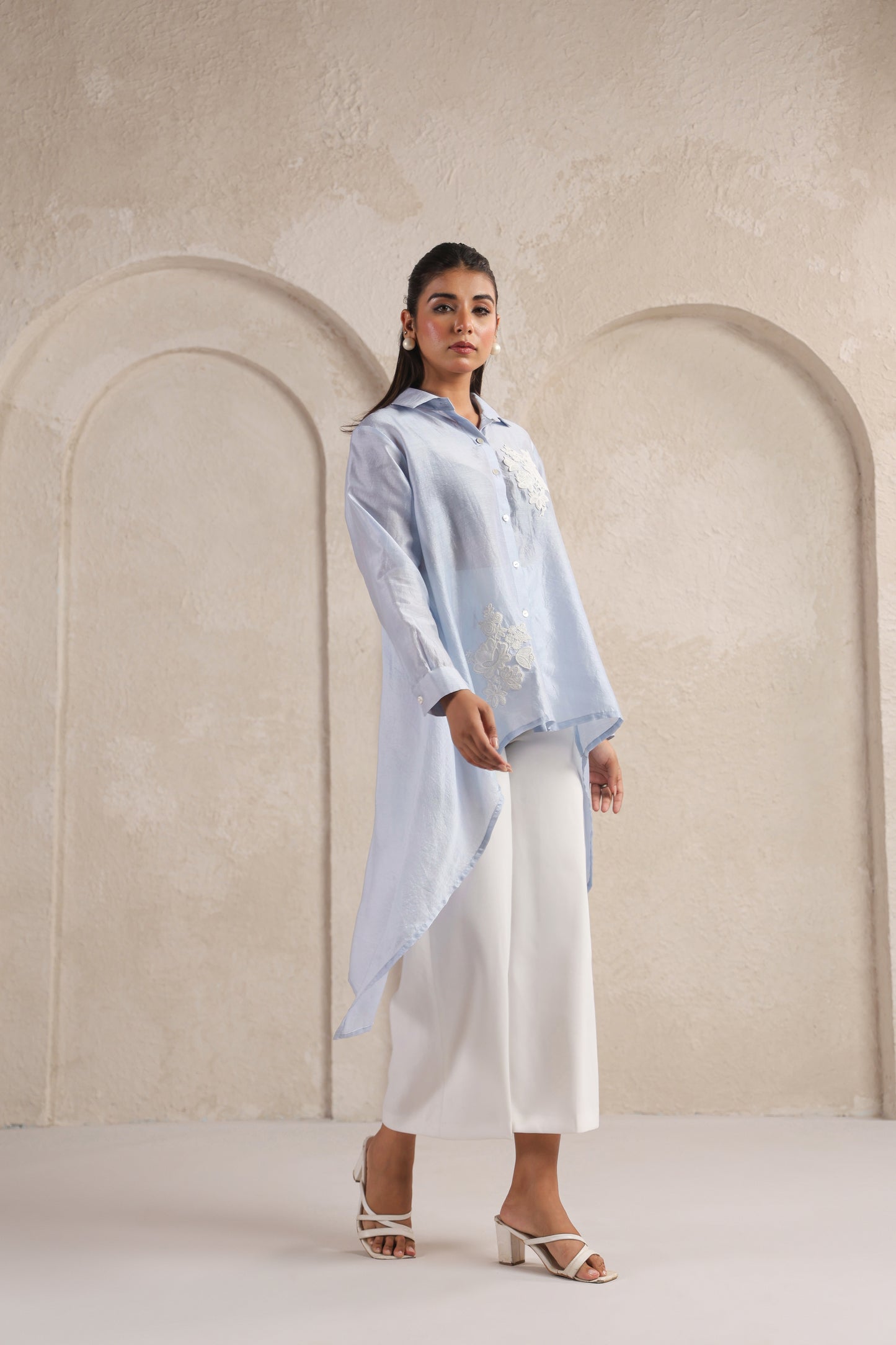 Blue High-Low Chanderi Shirt